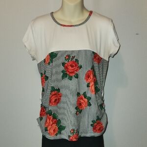 Marci Floral Striped Women's Top - White and Black With Big Roses